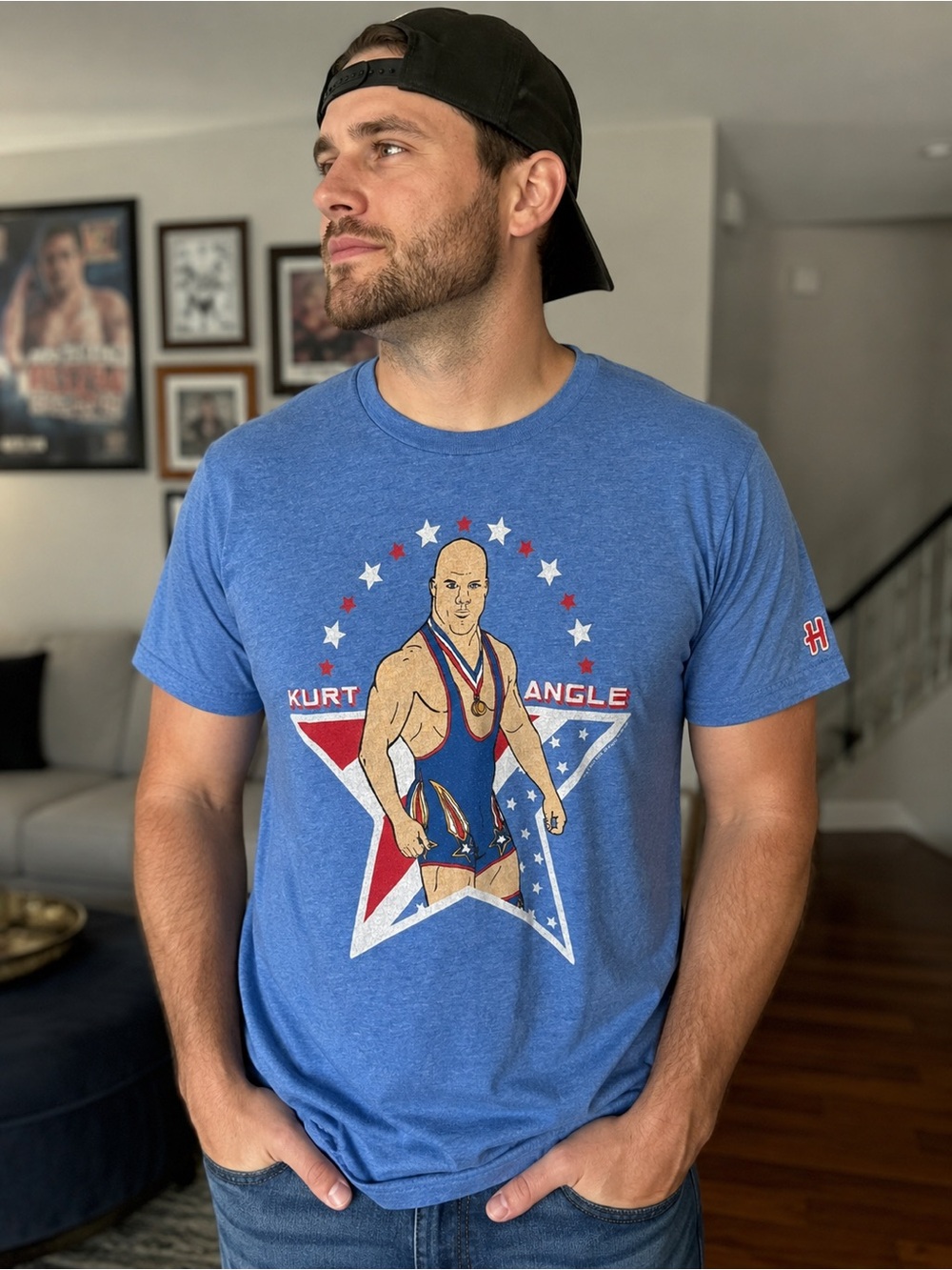 Homage WWE Kurt Angle Olympic Wrestling Graphic T-Shirt Men’s Large Blue